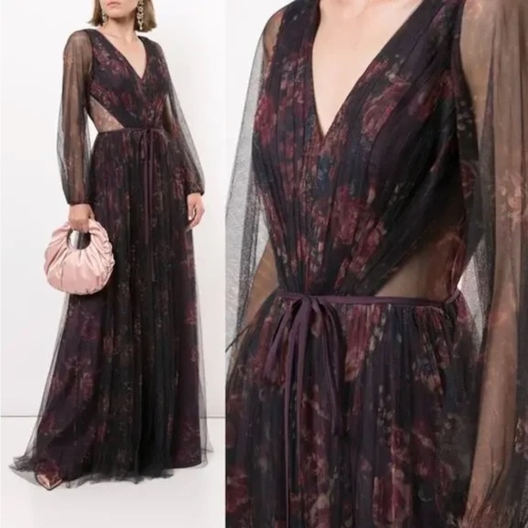 Marchesa Notte Floral Print Sheer Panel Gown SALERNO Sz 0 Purple Bridesmaid Plum - Picture 1 of 10